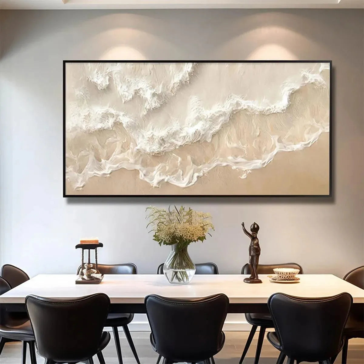 Sandy Whispers hand-painted sand and ivory textured coastal abstract painting shown with wood frame