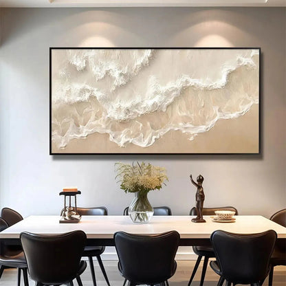Sandy Whispers hand-painted sand and ivory textured coastal abstract painting shown with wood frame