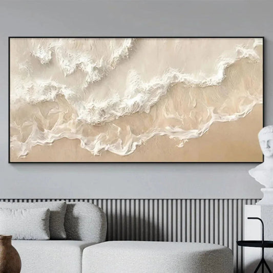 Sandy Whispers hand-painted sand and ivory textured coastal abstract painting shown as stretched canvas
