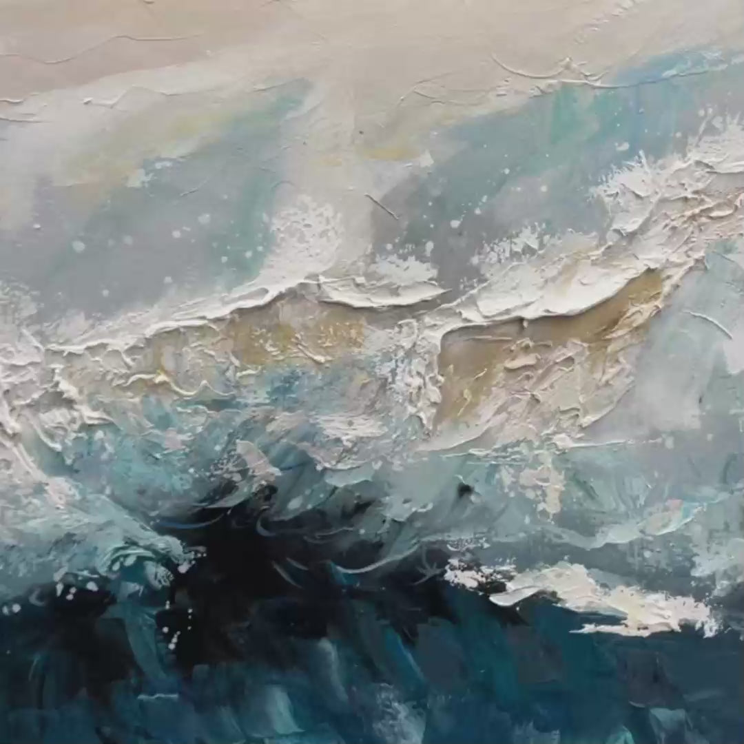Frozen Motion hand-painted white and teal textured coastal abstract painting shown with gold frame