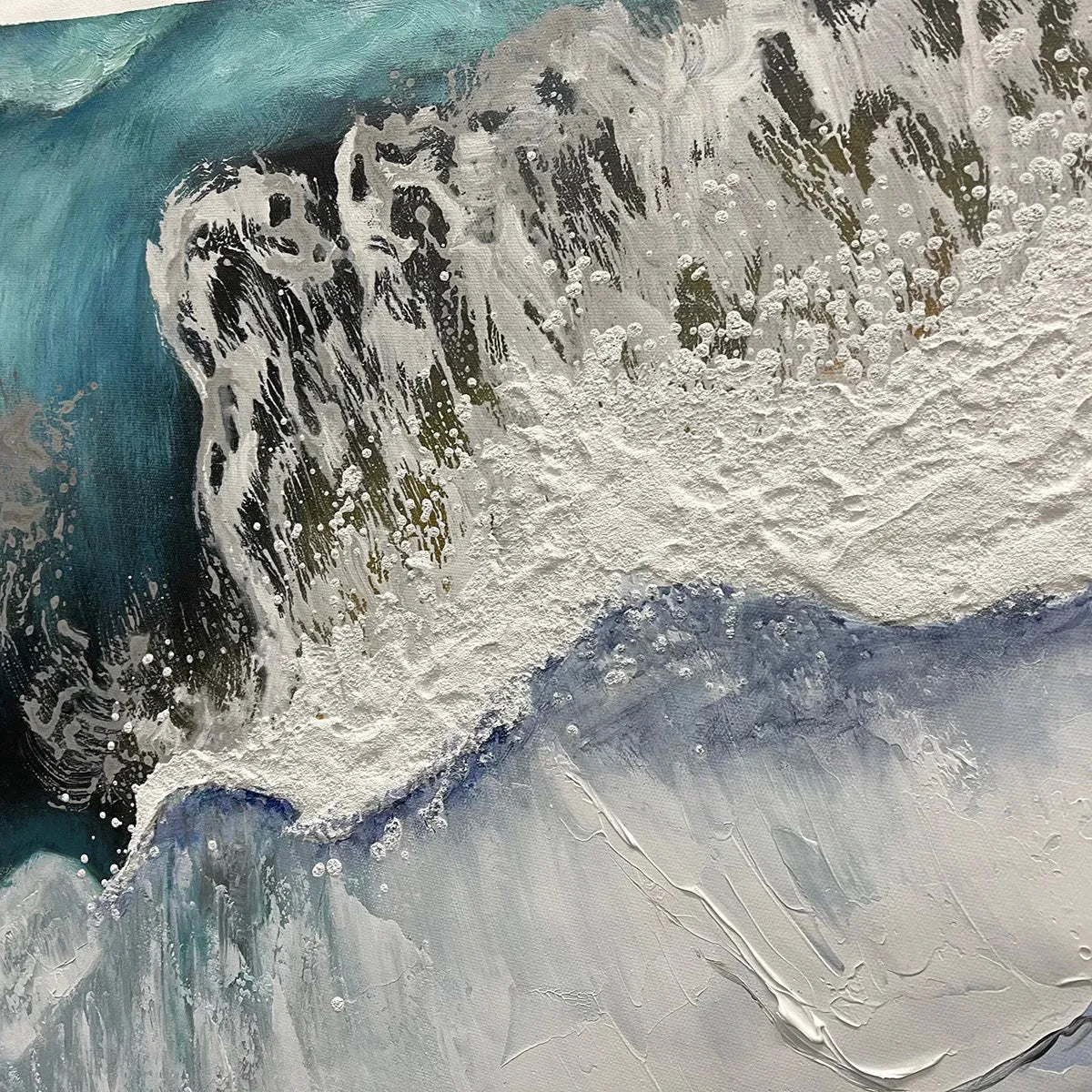 Ocean’s Embrace hand-painted white, beige and ocean blue textured seascape painting shown with silver frame