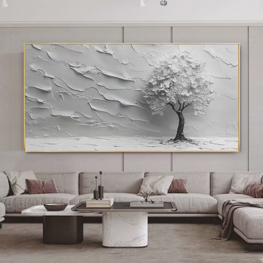 Serene Tree hand-painted white and soft beige textured tree painting shown as stretched canvas
