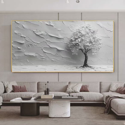 Serene Tree hand-painted white and soft beige textured tree painting shown as stretched canvas