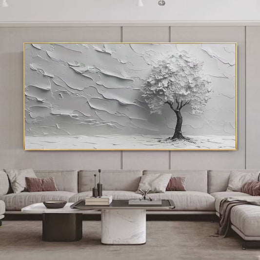 Serene Tree hand-painted white and soft beige textured tree painting shown as stretched canvas