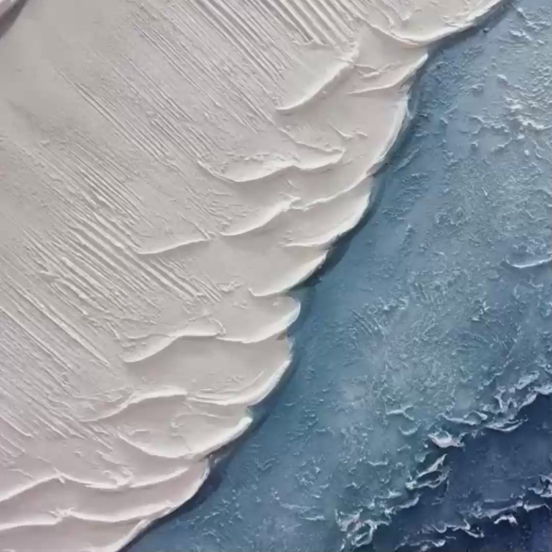 Textured Oceanscape Triptych hand-painted white and ocean blue textured coastal abstract painting shown with gold frame