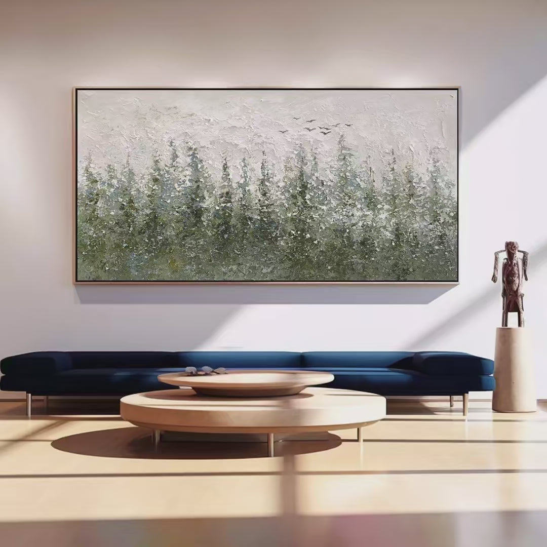 Misty Forest hand-painted forest green, soft grey and warm earth tones textured forest landscape painting shown with silver frame