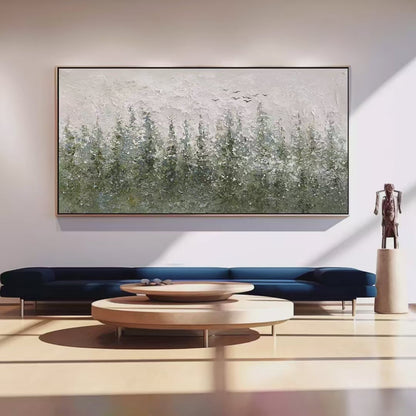 Misty Forest hand-painted forest green, soft grey and warm earth tones textured forest landscape painting shown with silver frame