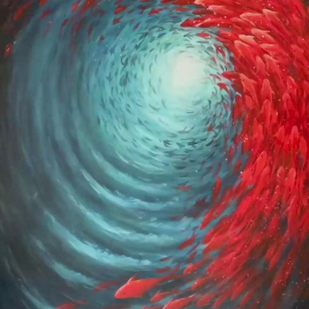 Oceanic Dance hand-painted ocean blue and red textured school of fish painting shown with gold frame