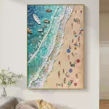 Sun-Kissed Shores hand-painted ocean blue, ivory and soft neutral tones textured beach scene painting shown with silver frame