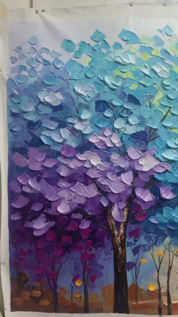 Autumn Rainbow hand-painted crimson, golden yellow, turquoise and violet textured tree painting shown with silver frame