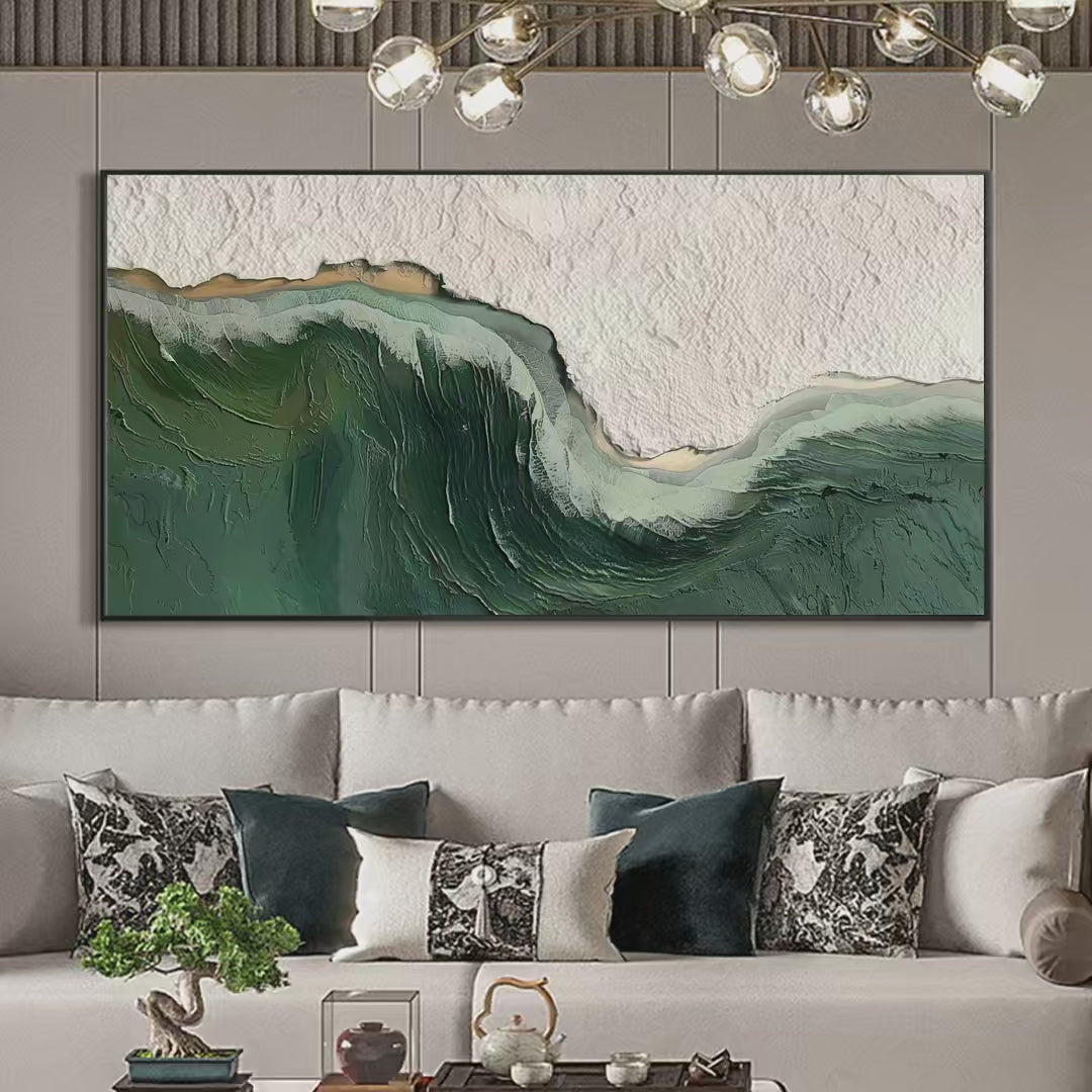 Emerald Depths hand-painted white and emerald green textured ocean wave painting shown with gold frame