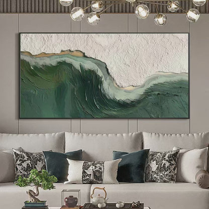 Emerald Depths hand-painted white and emerald green textured ocean wave painting shown with gold frame