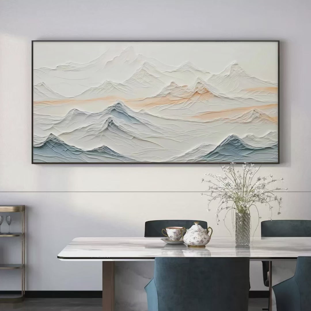 Tranquil Peaks hand-painted beige, ocean blue and orange textured abstract mountain painting shown with gold frame
