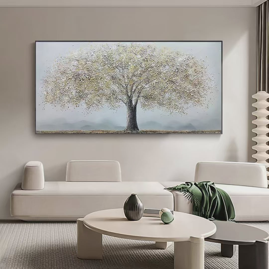 Golden Tree hand-painted soft grey and gold textured tree painting shown with silver frame