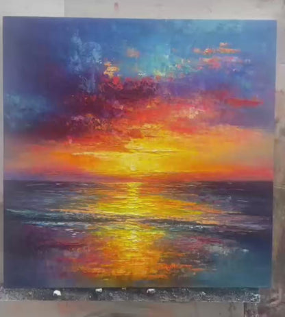 Golden Hour hand-painted gold, orange, pink and violet textured sunset seascape painting shown with gold frame