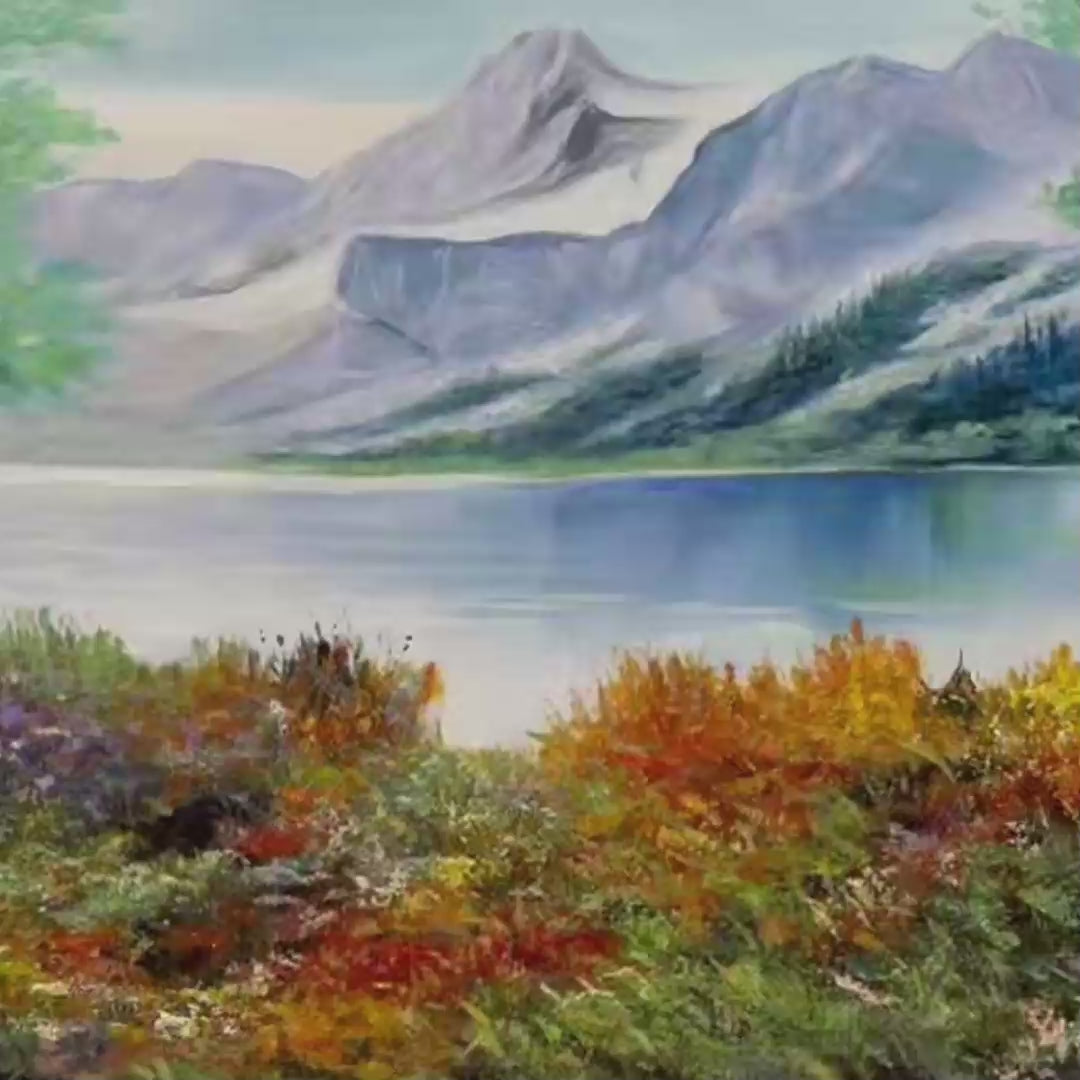 Autumn Lake hand-painted burnt orange, golden yellow and crimson textured mountain lake painting shown with gold frame