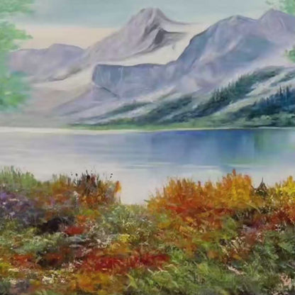 Autumn Lake hand-painted burnt orange, golden yellow and crimson textured mountain lake painting shown with gold frame