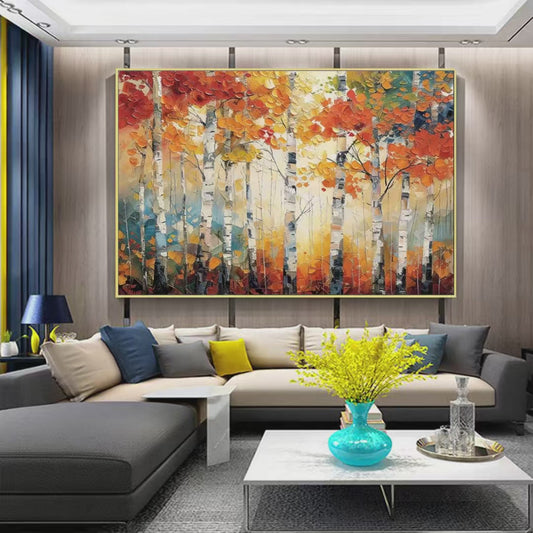 Autumn Aspen hand-painted white and gold textured forest landscape painting shown as stretched canvas
