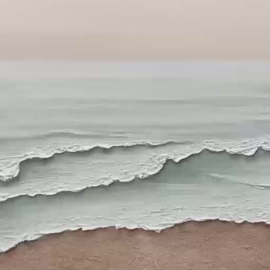 Serene Shore hand-painted beige and ivory textured coastal landscape painting shown with gold frame