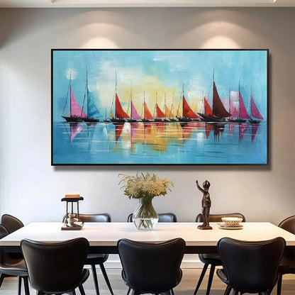 Regatta hand-painted ocean blue and orange textured sailboat seascape painting shown as stretched canvas