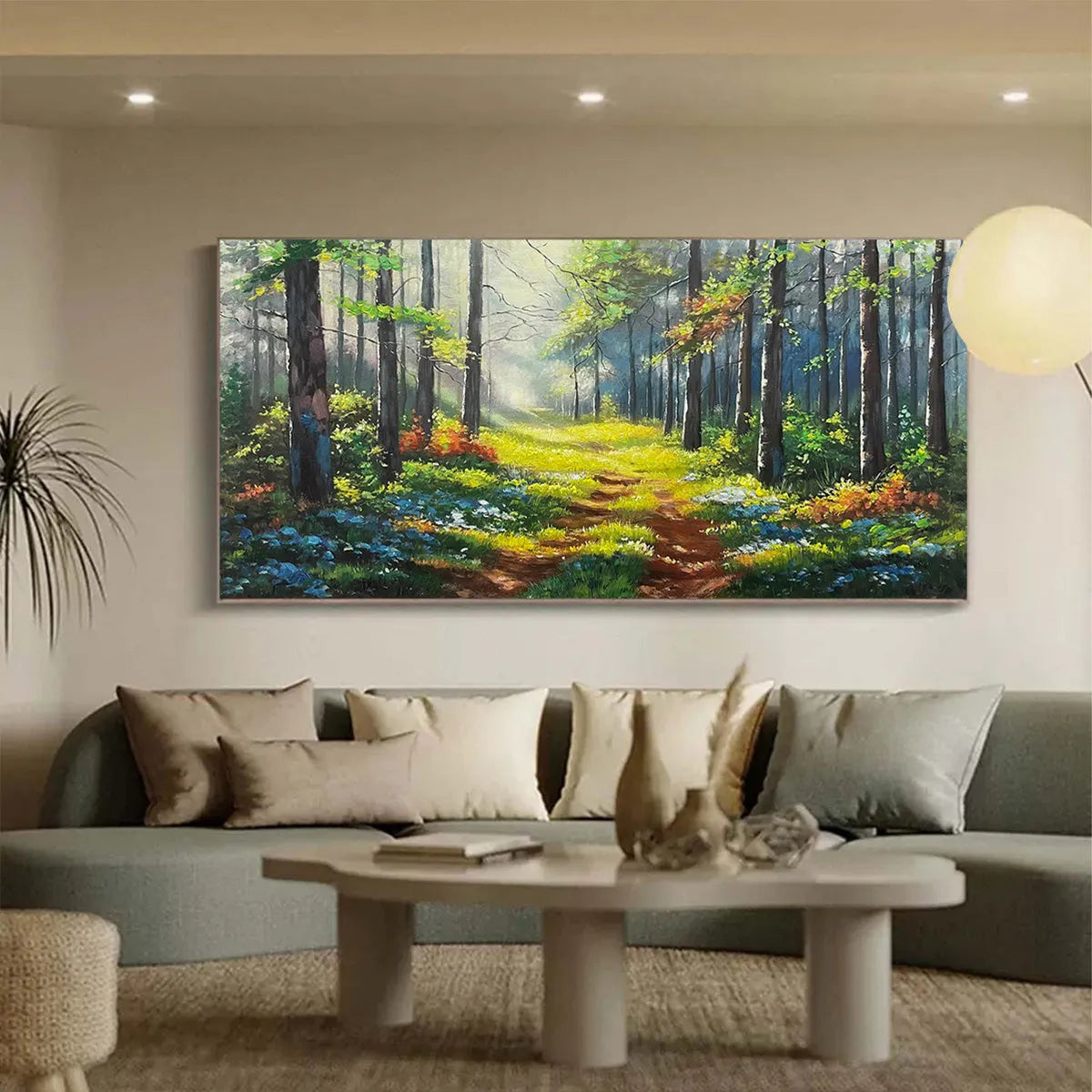 Forest Path hand-painted green and ivory textured forest path painting shown as stretched canvas