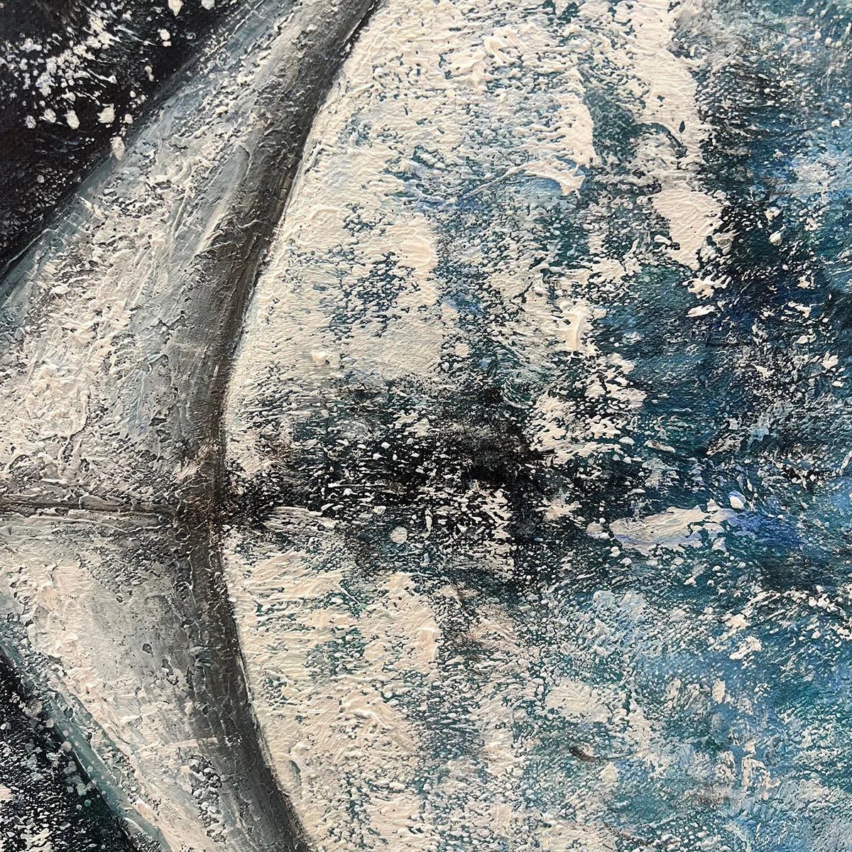 Whale's Grace hand-painted ocean blue and ivory textured whale ocean painting shown with black frame