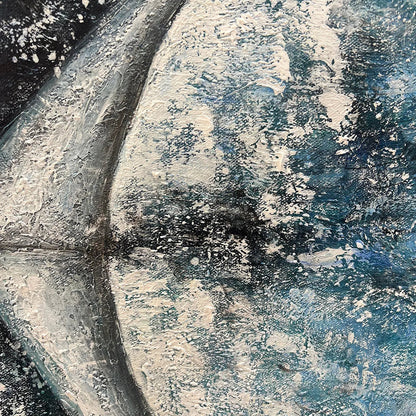 Whale's Grace hand-painted ocean blue and ivory textured whale ocean painting shown with black frame