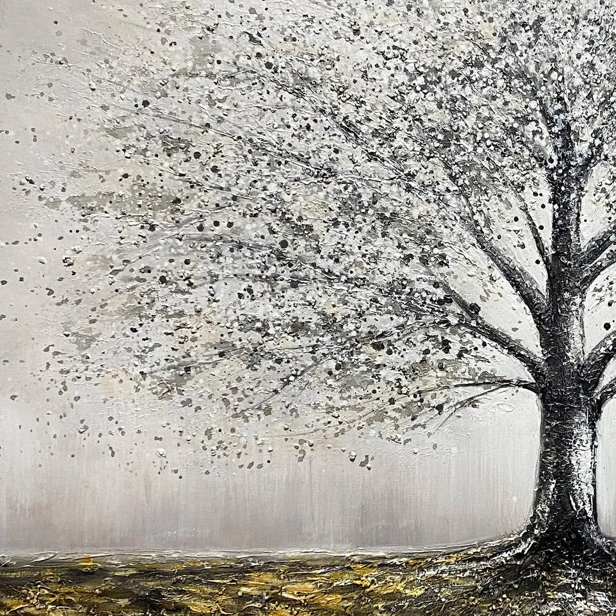 Golden Roots hand-painted gold and ivory textured tree painting shown with white frame
