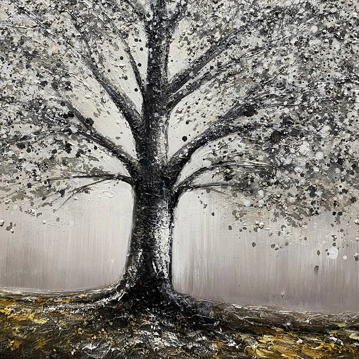 Golden Roots hand-painted gold and ivory textured tree painting shown with gold frame