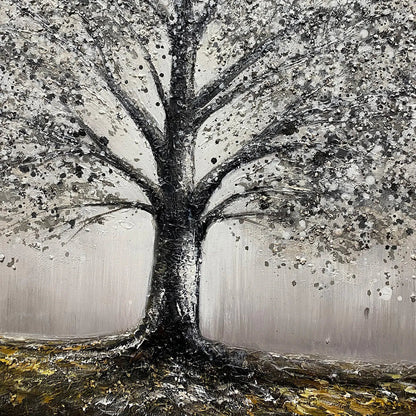 Golden Roots hand-painted gold and ivory textured tree painting shown with gold frame