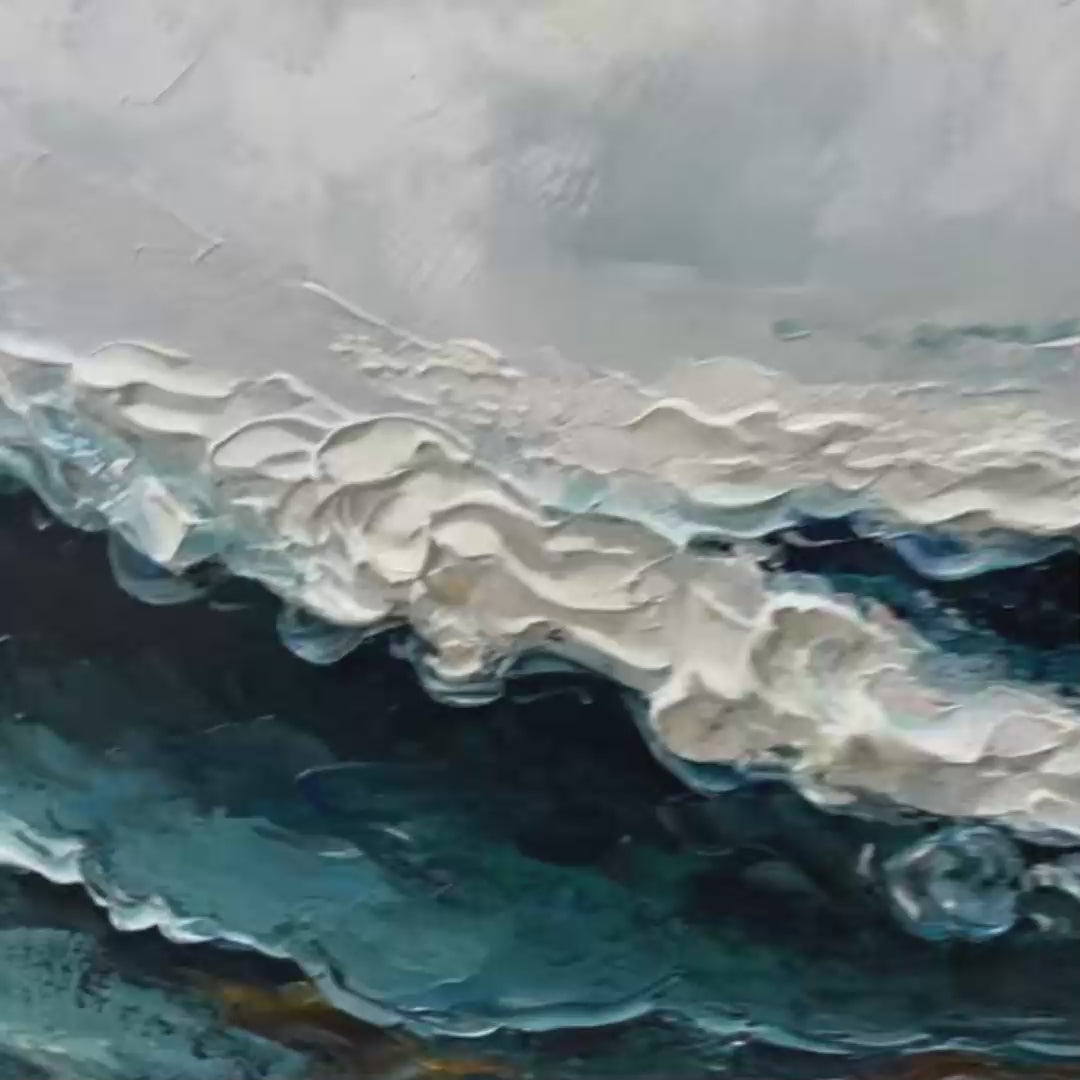 Ocean Dream hand-painted white, ocean blue and gold textured coastal abstract painting shown with gold frame