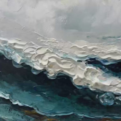 Ocean Dream hand-painted white, ocean blue and gold textured coastal abstract painting shown with gold frame