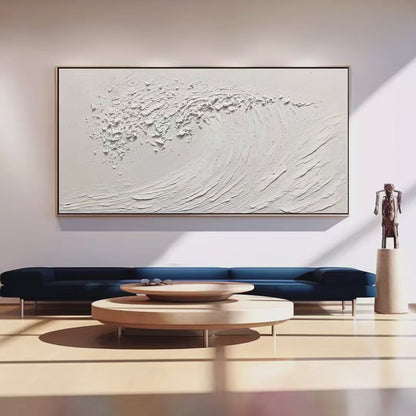 White Wave hand-painted white and soft beige textured ocean wave painting shown with silver frame
