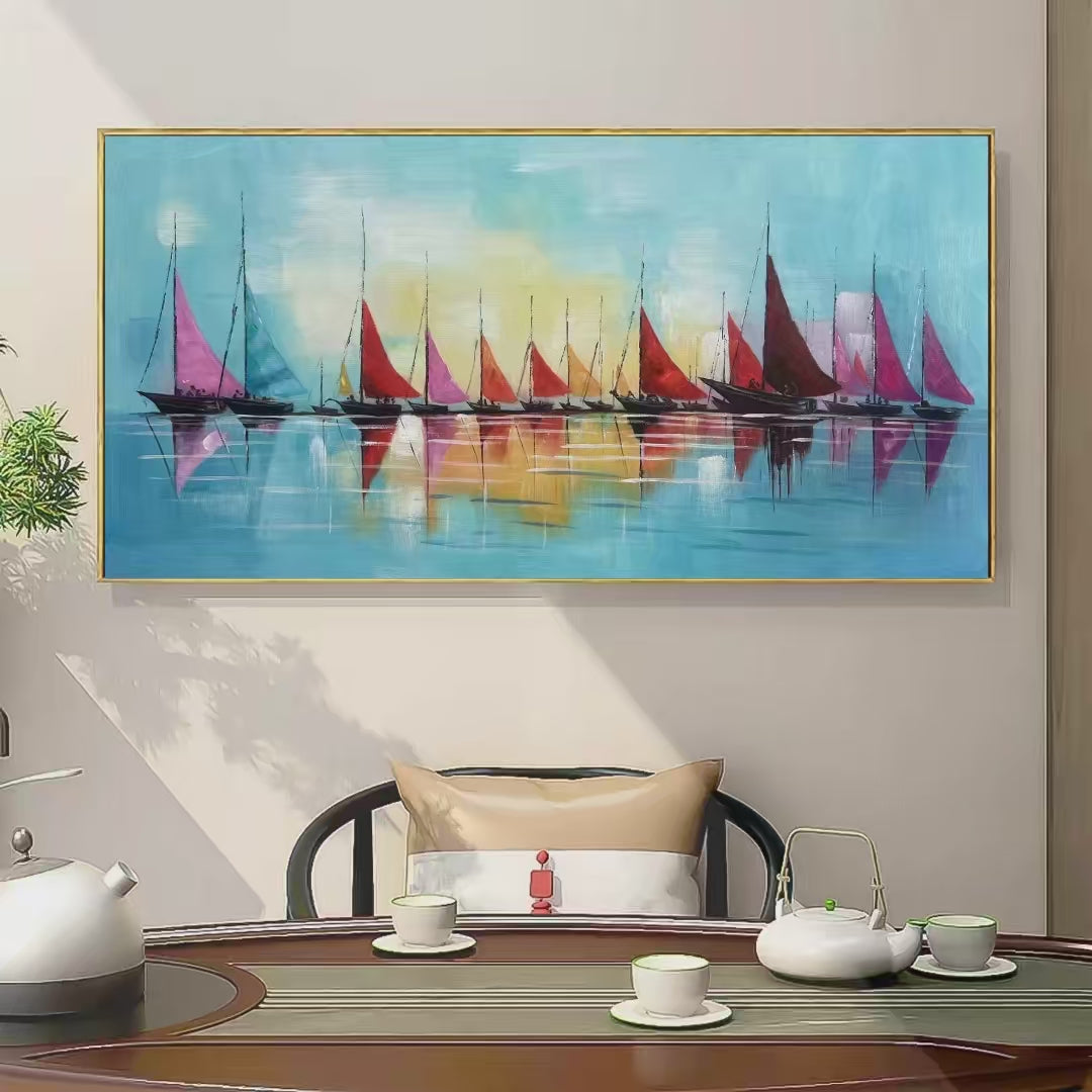 Regatta hand-painted ocean blue and orange textured sailboat seascape painting shown with silver frame
