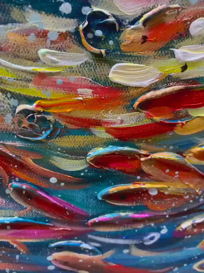 Coral Dance hand-painted coral and ivory textured school of fish painting shown with silver frame