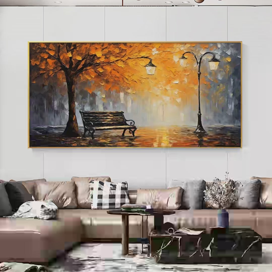 Autumn Park Bench hand-painted soft grey, gold and orange textured park landscape painting shown with silver frame