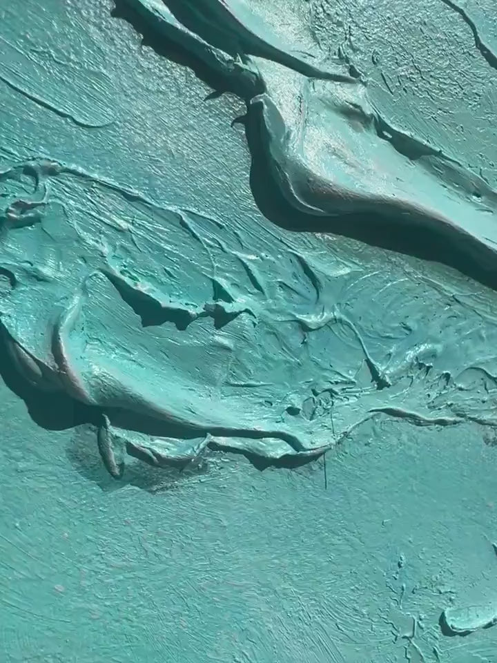 Aerial Vista hand-painted turquoise and ivory textured beach scene painting shown with silver frame