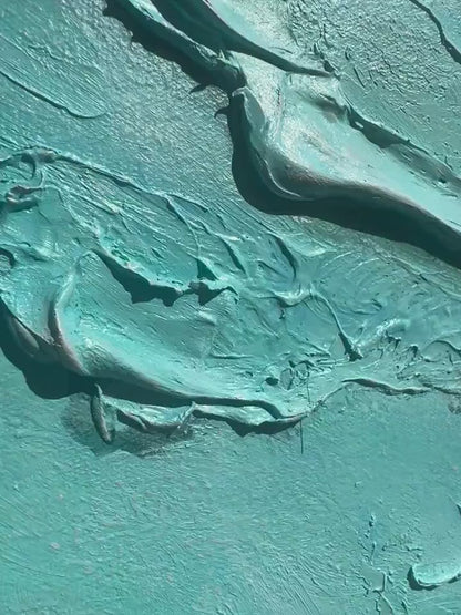 Aerial Vista hand-painted turquoise and ivory textured beach scene painting shown with silver frame