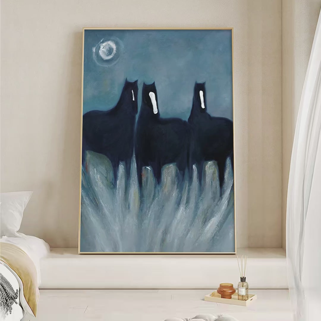 Three Horses At Night – Minimalist Horse Oil Painting, view 4