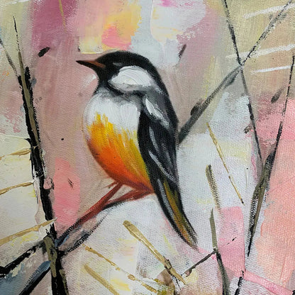 Blue and Pink Bird Oil Painting – Whimsical Birds