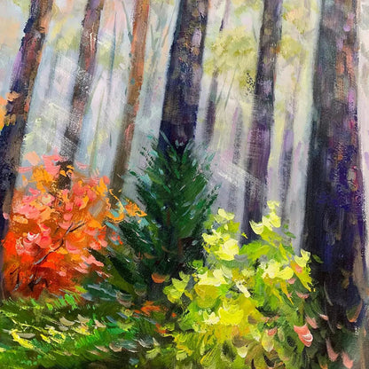 Autumn Forest Path hand-painted crimson, golden yellow, turquoise and violet textured forest path painting shown with black frame