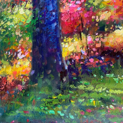 Autumn Forest Path hand-painted crimson, golden yellow, turquoise and violet textured forest path painting shown with gold frame