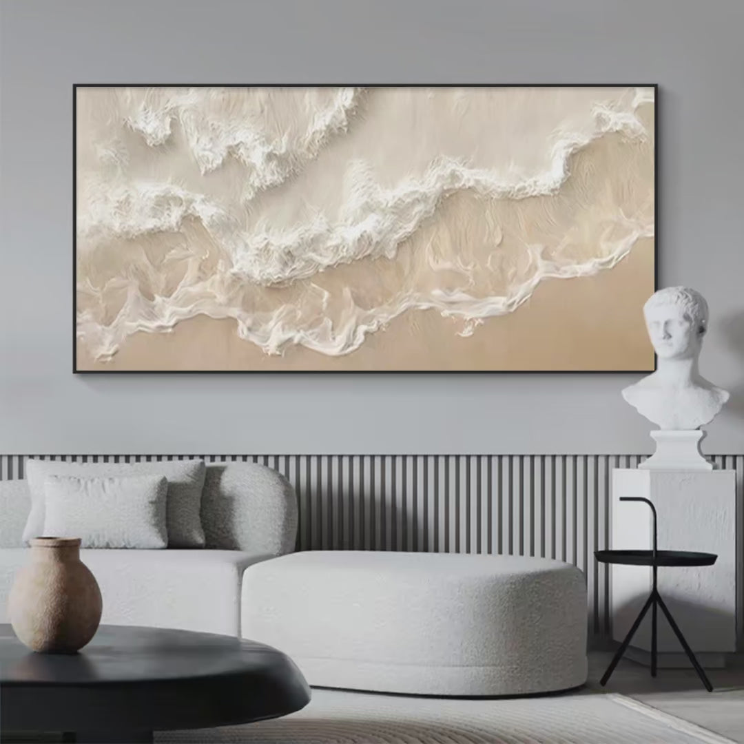 Sandy Whispers hand-painted sand and ivory textured coastal abstract painting shown with silver frame