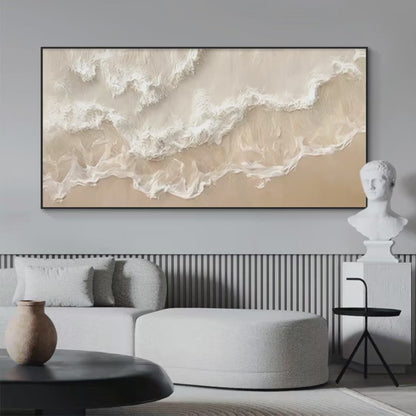 Sandy Whispers hand-painted sand and ivory textured coastal abstract painting shown with silver frame
