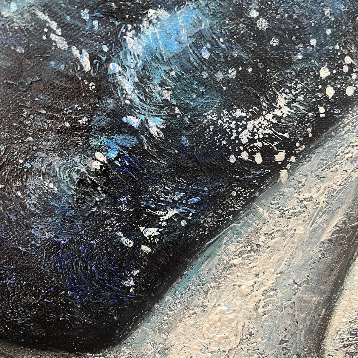 Whale's Grace hand-painted ocean blue and ivory textured whale ocean painting shown with gold frame