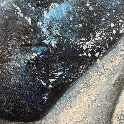 Whale's Grace hand-painted ocean blue and ivory textured whale ocean painting shown with gold frame