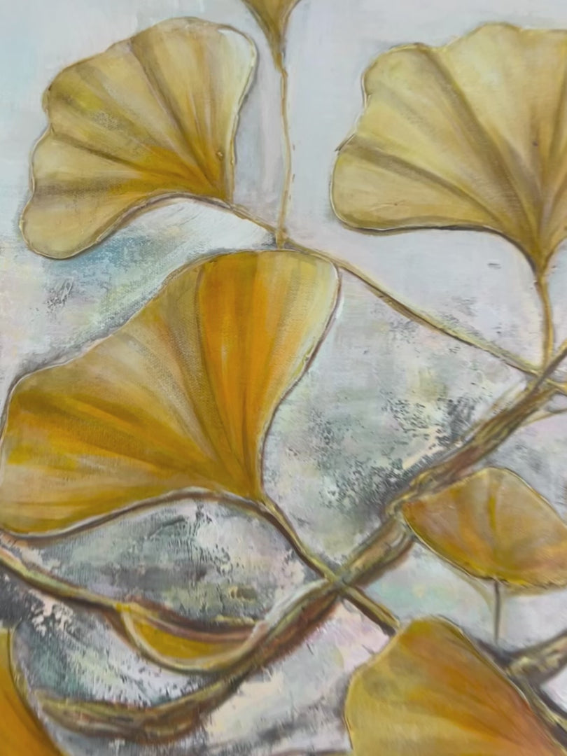 Golden Ginkgo hand-painted gold and ivory textured botanical painting shown with silver frame
