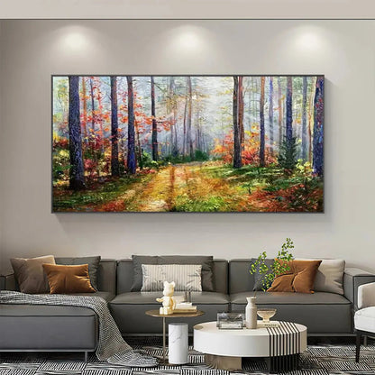 Autumn Forest Path hand-painted crimson, golden yellow, turquoise and violet textured forest path painting shown as stretched canvas