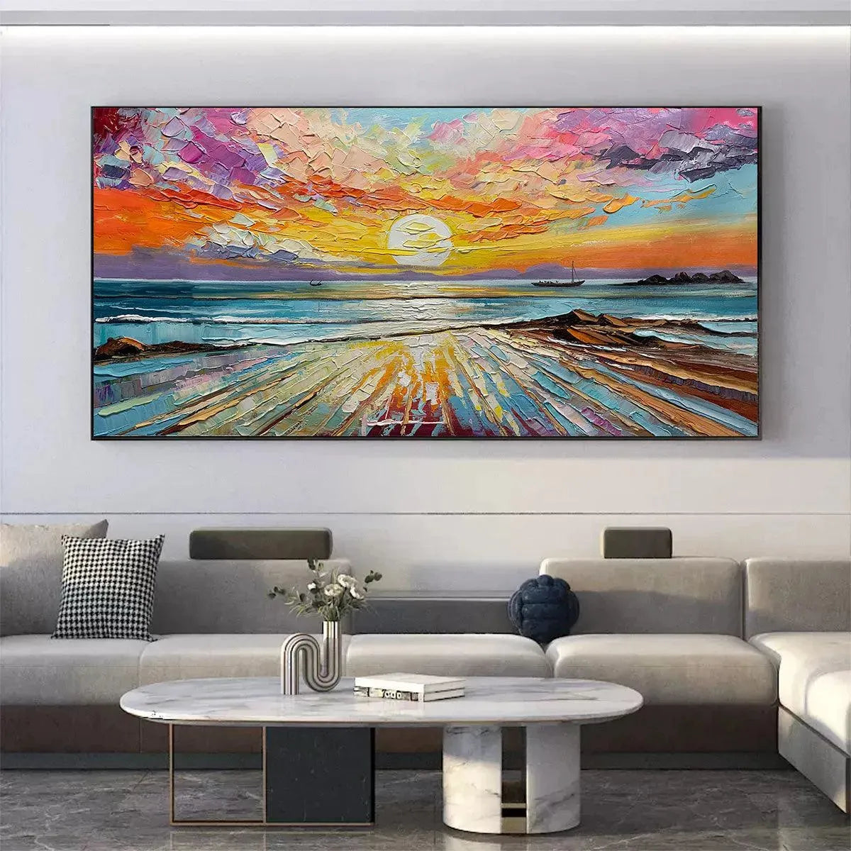 Radiant Horizon hand-painted ocean blue, ivory and soft neutral tones textured sunset seascape painting shown as stretched canvas