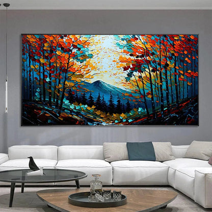 Autumn Vibes hand-painted crimson, golden yellow, turquoise and violet textured forest landscape painting rolled canvas option